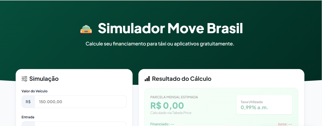 Simulador Move Brasil ajuda motoristas a calcular parcelas antes de financiar veículo para táxi ou aplicativo